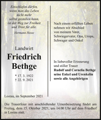 Traueranzeige von Friedrich Bethge  von Magdeburger Volksstimme