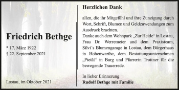 Traueranzeige von Friedrich Bethge  von Magdeburger Volksstimme