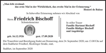 Traueranzeige von Friedrich Bischoff  von Magdeburger Volksstimme