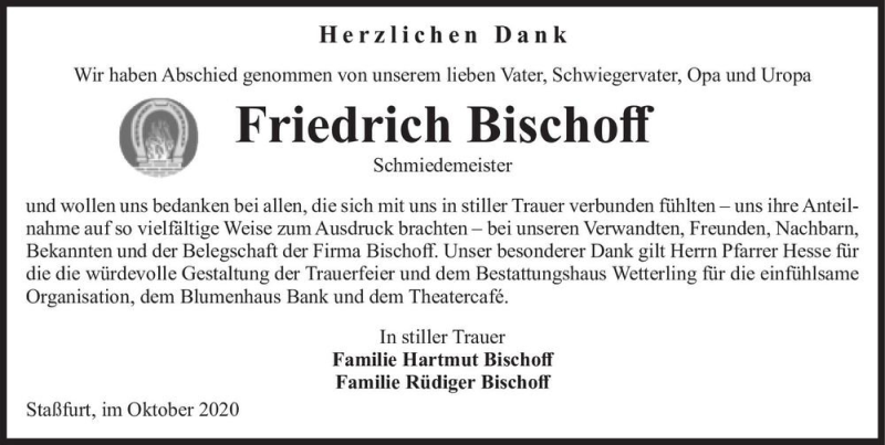  Traueranzeige für Friedrich Bischoff  vom 10.10.2020 aus Magdeburger Volksstimme