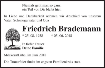 Traueranzeige von Friedrich Brademann  von Magdeburger Volksstimme