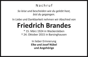 Traueranzeige von Friedrich Brandes  von Magdeburger Volksstimme