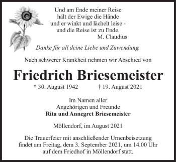 Traueranzeige von Friedrich Briesemeister  von Magdeburger Volksstimme