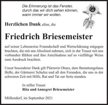 Traueranzeige von Friedrich Briesemeister  von Magdeburger Volksstimme