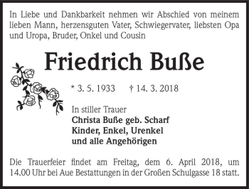 Traueranzeige von Friedrich Buße  von Magdeburger Volksstimme