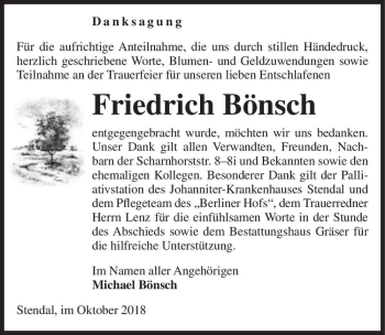 Traueranzeige von Friedrich Bönsch  von Magdeburger Volksstimme