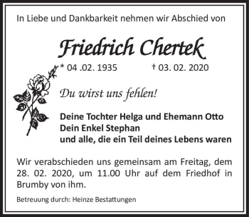 Traueranzeige von Friedrich Chertek  von Magdeburger Volksstimme