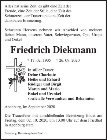 Traueranzeige von Friedrich Diekmann  von Magdeburger Volksstimme