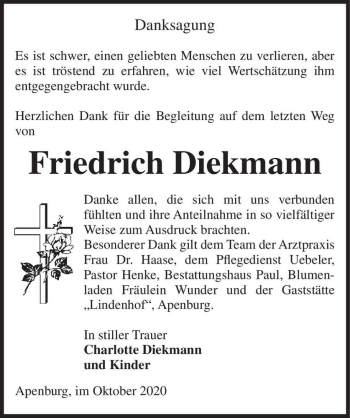 Traueranzeige von Friedrich Diekmann  von Magdeburger Volksstimme
