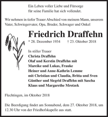 Traueranzeige von Friedrich Draffehn  von Magdeburger Volksstimme