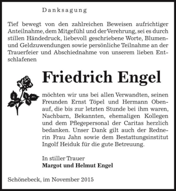 Traueranzeige von Friedrich Engel  von Magdeburger Volksstimme