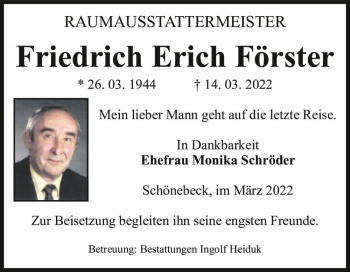 Traueranzeige von Friedrich Erich Förster  von Magdeburger Volksstimme