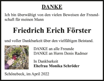 Traueranzeige von Friedrich Erich Förster  von Magdeburger Volksstimme