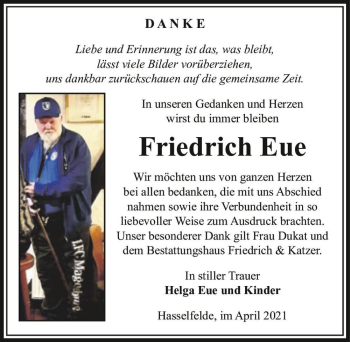 Traueranzeige von Friedrich Eue  von Magdeburger Volksstimme