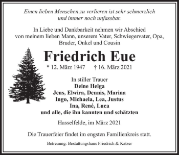 Traueranzeige von Friedrich Eue  von Magdeburger Volksstimme