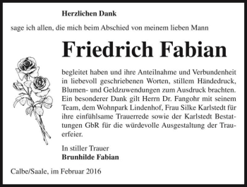 Traueranzeige von Friedrich Fabian  von Magdeburger Volksstimme