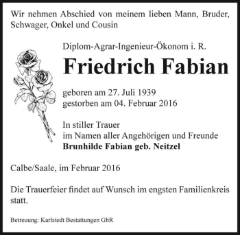 Traueranzeige von Friedrich Fabian  von Magdeburger Volksstimme