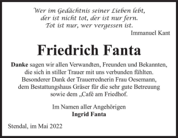 Traueranzeige von Friedrich Fanta  von Magdeburger Volksstimme