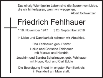 Traueranzeige von Friedrich Fehlhauer  von Magdeburger Volksstimme