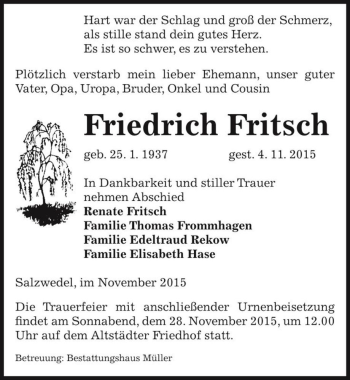 Traueranzeige von Friedrich Fritsch  von Magdeburger Volksstimme