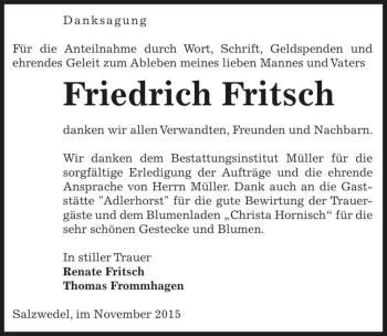 Traueranzeige von Friedrich Fritsch  von Magdeburger Volksstimme