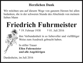 Traueranzeige von Friedrich Fuhrmeister  von Magdeburger Volksstimme