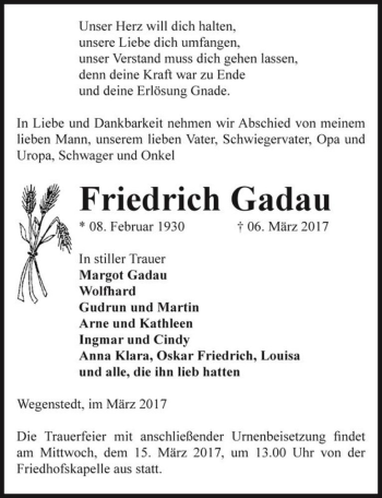 Traueranzeige von Friedrich Gadau  von Magdeburger Volksstimme