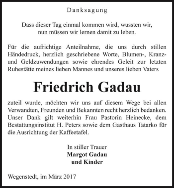 Traueranzeige von Friedrich Gadau  von Magdeburger Volksstimme