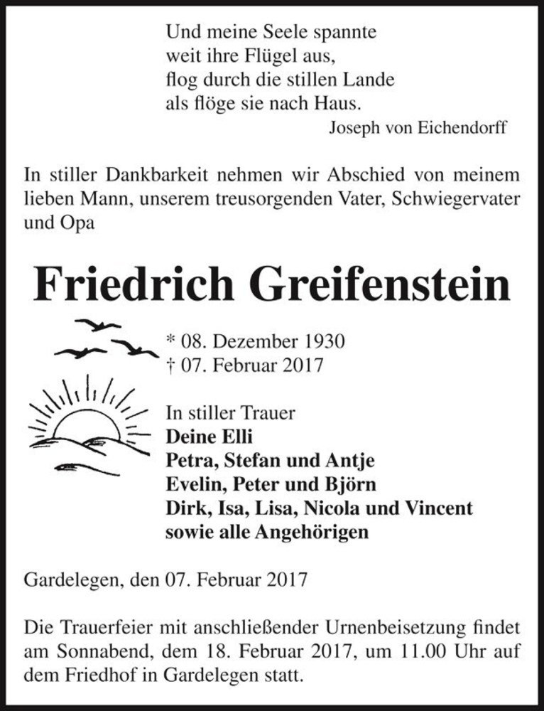  Traueranzeige für Friedrich Greifenstein  vom 10.02.2017 aus Magdeburger Volksstimme