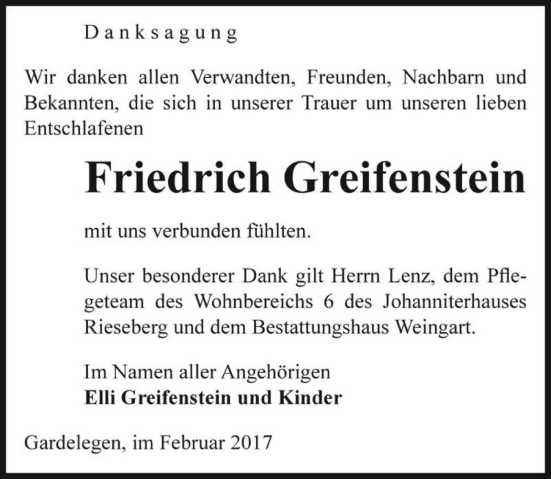  Traueranzeige für Friedrich Greifenstein  vom 25.02.2017 aus Magdeburger Volksstimme