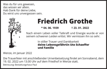 Traueranzeige von Friedrich Grothe  von Magdeburger Volksstimme