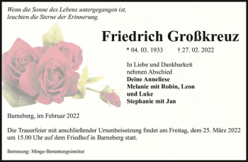 Traueranzeige von Friedrich Großkreuz  von Magdeburger Volksstimme