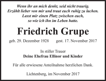 Traueranzeige von Friedrich Grupe  von Magdeburger Volksstimme