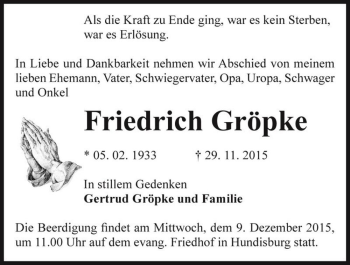 Traueranzeige von Friedrich Gröpke  von Magdeburger Volksstimme