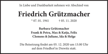 Traueranzeige von Friedrich Grützmacher  von Magdeburger Volksstimme