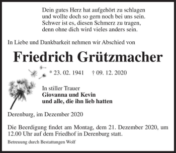 Traueranzeige von Friedrich Grützmacher  von Magdeburger Volksstimme