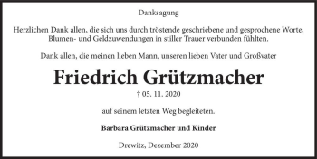 Traueranzeige von Friedrich Grützmacher  von Magdeburger Volksstimme