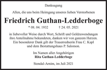 Traueranzeige von Friedrich Guthan-Ledderboge  von Magdeburger Volksstimme
