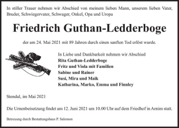 Traueranzeige von Friedrich Guthan-Ledderboge  von Magdeburger Volksstimme