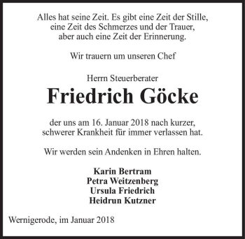 Traueranzeige von Friedrich Göcke  von Magdeburger Volksstimme