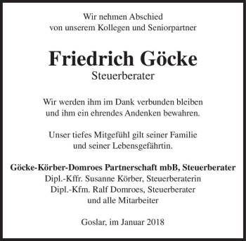 Traueranzeige von Friedrich Göcke  von Magdeburger Volksstimme