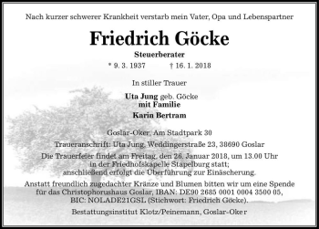 Traueranzeige von Friedrich Göcke  von Magdeburger Volksstimme