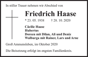 Traueranzeige von Friedrich Haase  von Magdeburger Volksstimme