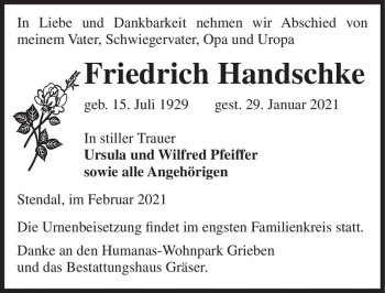 Traueranzeige von Friedrich Handschke  von Magdeburger Volksstimme