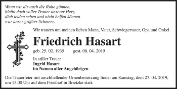 Traueranzeige von Friedrich Hasart  von Magdeburger Volksstimme