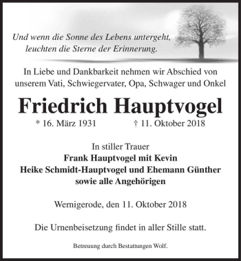 Traueranzeige von Friedrich Hauptvogel  von Magdeburger Volksstimme