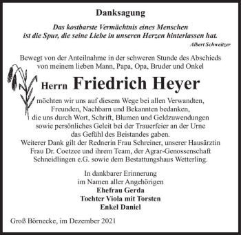 Traueranzeige von Friedrich Heyer  von Magdeburger Volksstimme