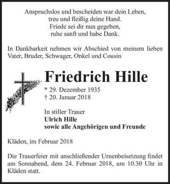 Traueranzeige von Friedrich Hille  von Magdeburger Volksstimme