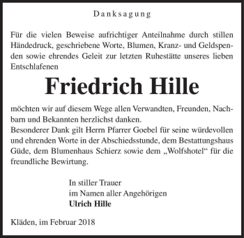 Traueranzeige von Friedrich Hille  von Magdeburger Volksstimme