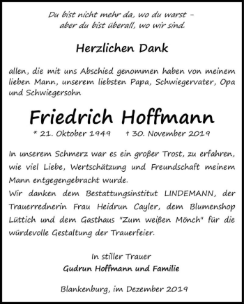 Traueranzeige von Friedrich Hoffmann  von Magdeburger Volksstimme